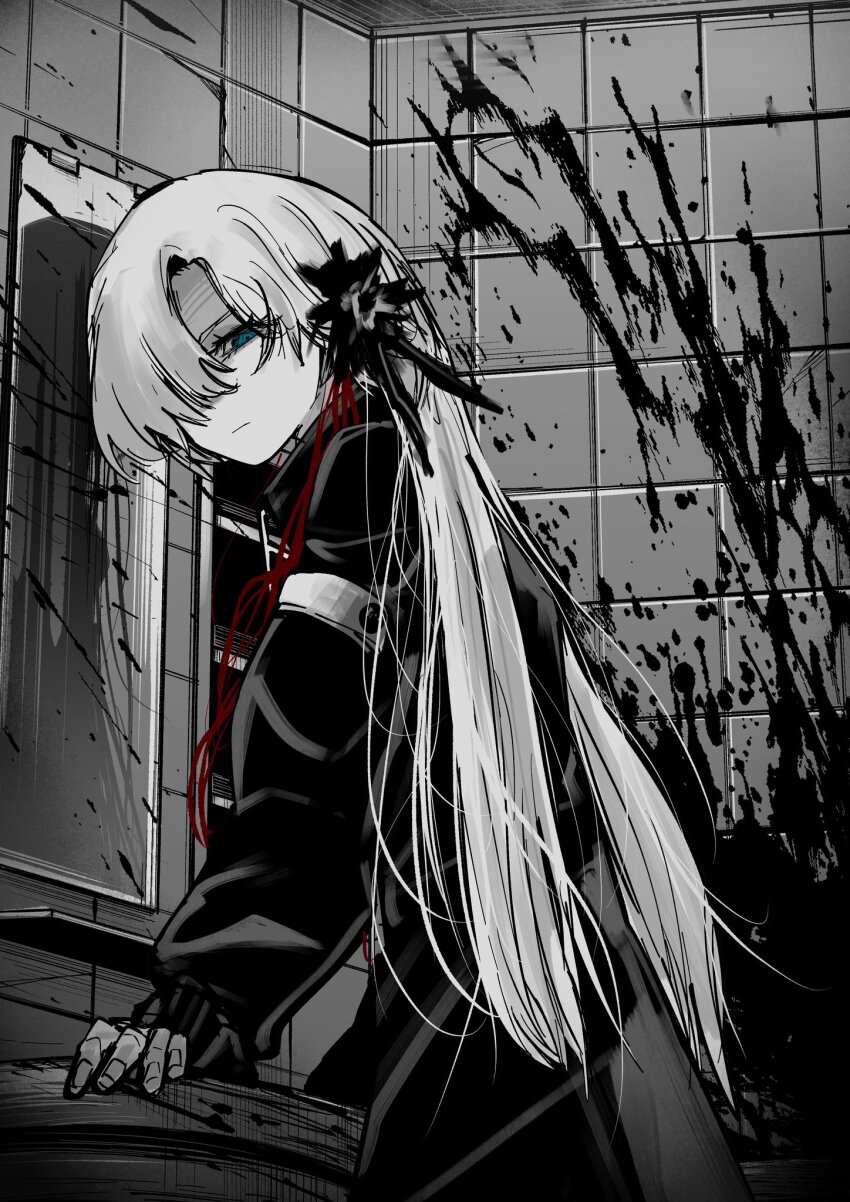 1girl, bathroom, blood, blood_splatter, coat, expressionless, flower, hair_flower