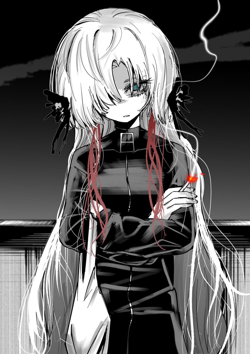 1girl, angry, bag, cigarette, crossed_arms, flower, hair_flower, hair_ornament