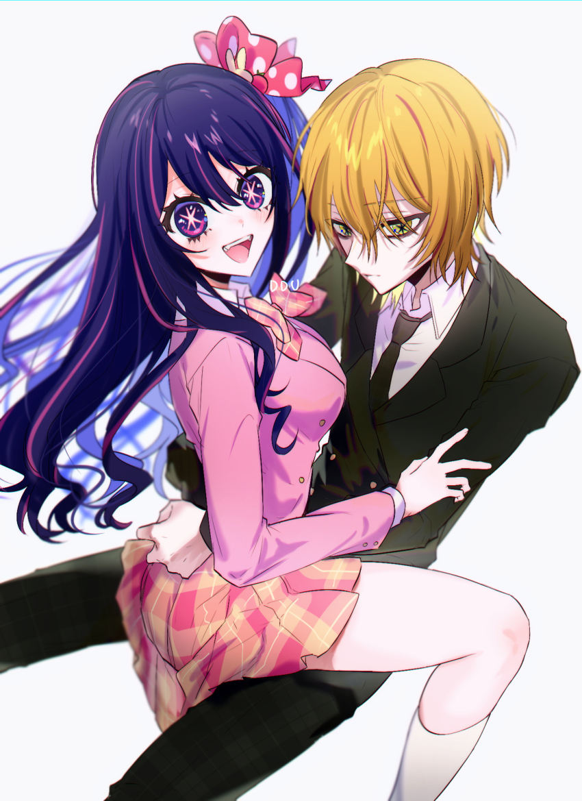 1boy, 1girl, artist_name, black_jacket, black_necktie, black_pants, blazer, blonde_hair