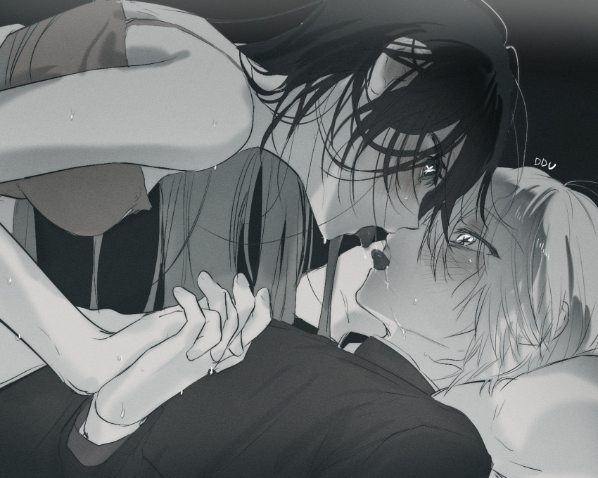 1boy, 1girl, artist_name, blush, breasts, camisole, commentary_request, ddu_45, eye_contact, french_kiss, greyscale, hetero, highres, hoshino_ai, interlocked_fingers, kamiki_hikaru, kiss, korean_commentary, long_hair, looking_at_another, lying, medium_breasts, messy_hair, monochrome, on_back, oshi_no_ko, saliva, short_hair, spaghetti_strap, sweat