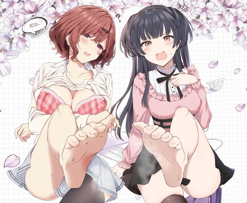 2girls, anger_vein, barefoot, black_hair, black_skirt, black_thighhighs, blush, bra, breasts, brown_hair, cleavage, collarbone, falling_petals, feet, flying_sweatdrops, foot_focus, foot_out_of_frame, foot_up, foreshortening, gangshangguang_(smjy5842), grid_background, head_tilt, highres, higuchi_madoka, idolmaster, idolmaster_shiny_colors, jirai_kei, knee_up, large_breasts, leg_up, looking_at_viewer, mayuzumi_fuyuko, mole, mole_under_eye, multiple_girls, petals, pink_shirt, red_bra, saint_laurent_paris, school_uniform, shirt, single_thighhigh, skindentation, skirt, smell, soles, speech_bubble, steam, steaming_body, thighhighs, toenails, toes, translated, underwear, white_shirt