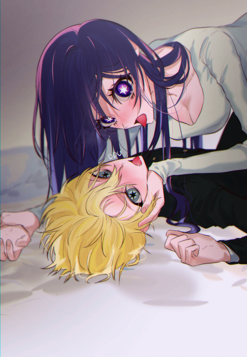 1boy, 1girl, after_kiss, artist_name, black_jacket, blonde_hair, blue_eyes, breasts, cleavage, collarbone, commentary_request, ddu_45, gakuran, hetero, highres, holding_another's_wrist, hoshino_ai, jacket, kamiki_hikaru, korean_commentary, long_hair, long_sleeves, looking_at_viewer, lying, medium_breasts, on_back, on_ground, open_mouth, oshi_no_ko, purple_eyes, purple_hair, school_uniform, shirt, short_hair, star-shaped_pupils, star_(symbol), symbol-shaped_pupils, tongue, tongue_out, white_shirt