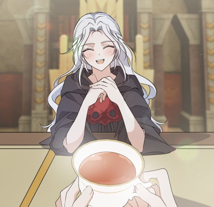 1girl, ^_^, black_capelet, black_robe, capelet, closed_eyes, commentary_request, cup, dreaminglum, elbow_rest, elbows_on_table, facing_viewer, final_fantasy, final_fantasy_xiv, half_updo, holding, holding_cup, hood, hood_down, hooded_capelet, indoors, korean_commentary, lens_flare, long_hair, mask, mask_around_neck, open_mouth, out_of_frame, own_hands_together, pov, pov_hands, robe, smile, solo_focus, table, tea, teacup, unworn_mask, upper_body, venat_(ff14), wavy_hair, white_hair