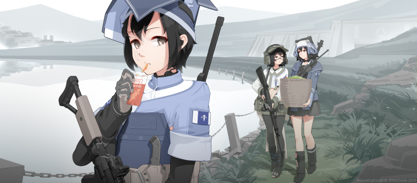 3girls, absurdres, basket, black_footwear, black_hair, black_leggings, blue_headwear, blue_jacket, blue_tunic, brown_eyes, bulletproof_vest, chain-link_fence, eating, fence, fried_squid, grass, green_shorts, gun, hat, headset, highres, holding, holding_basket, holding_gun, holding_weapon, jacket, lake, leggings, lidi_ahye-yesemo, looking_at_another, looking_at_viewer, military, multiple_girls, nusisring_tactical, patch, pleated_skirt, pouch, pump_action, rectangular_eyewear, reflection, reflective_liquid, rifle, semi-rimless_eyewear, shirt, shorts, shotgun, shoulder_patch, skirt, snack, stomach, tactical_clothes, talking, tunic, uma_atsku'ama, vectorek, walking, water, weapon, weisheng_lyu, white_shirt