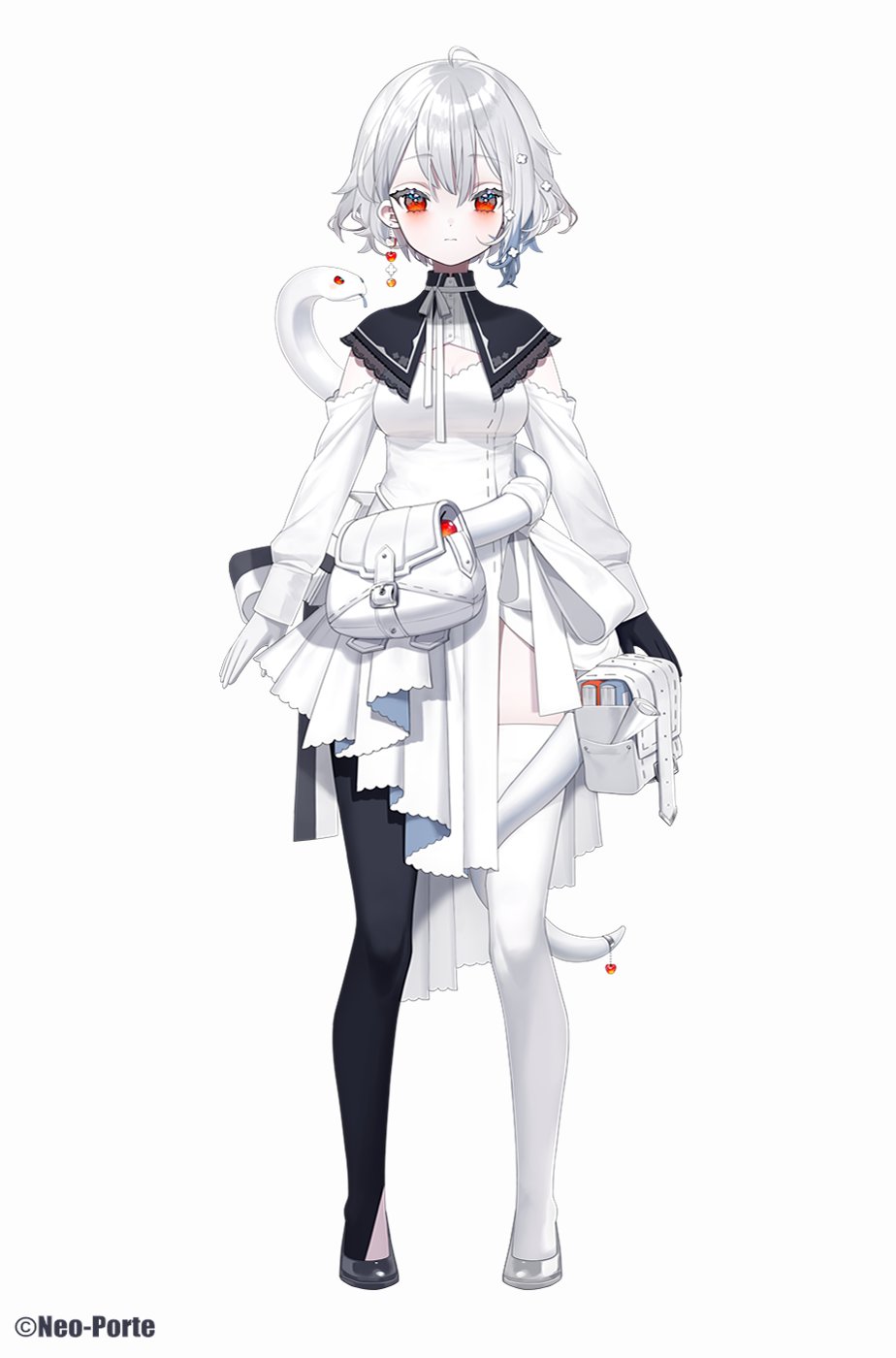 1girl, ahoge, apple, asymmetrical_clothes, asymmetrical_dress, asymmetrical_footwear, asymmetrical_gloves, asymmetrical_legwear