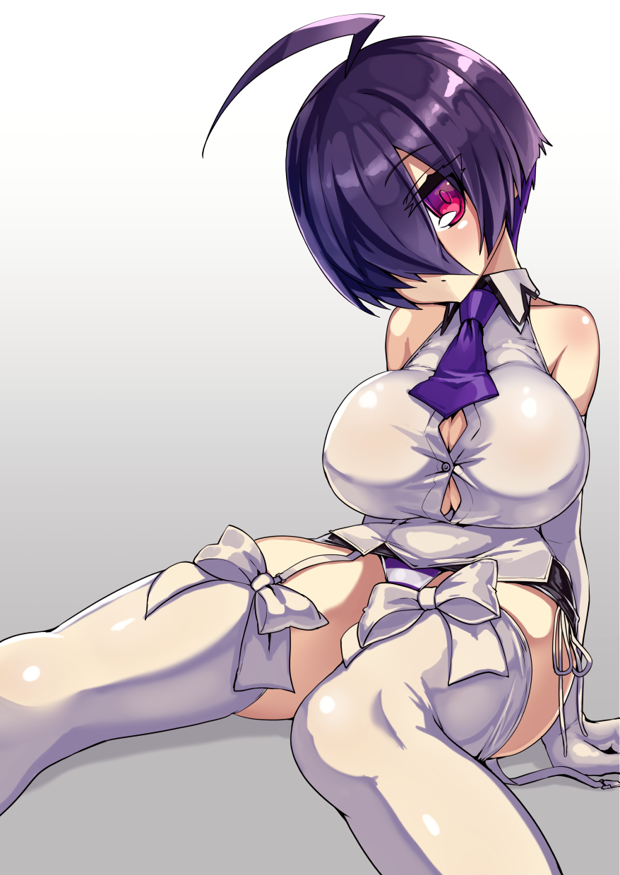 1girl, ahoge, bare_shoulders, black_skirt, blush, bow, bow_thighighs, breasts