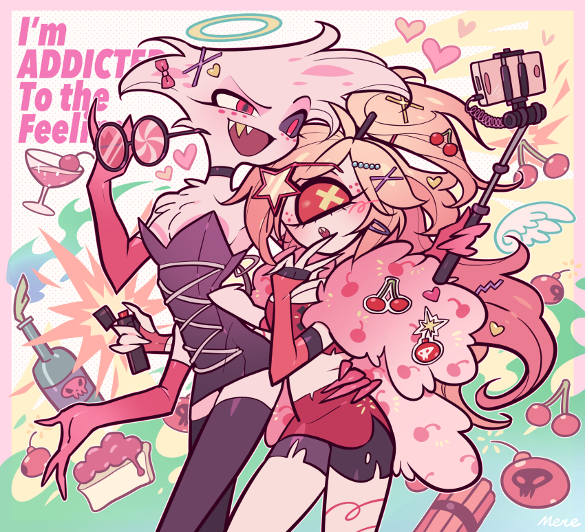 1boy, 1girl, :d, :o, alternate_costume, angel_dust, arm_around_another's_waist, artist_name