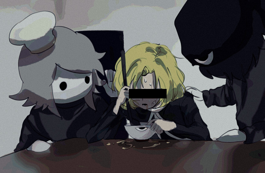 3others, androgynous, atoymk, bar_censor, black_shirt, blank_room_soup, blonde_customer_(book_of_the_cafe), blonde_hair, book_of_the_cafe, bowl, censored, enraku_tsubakura, enraku_tsubakura_(waiter_form), eye_of_senri, film_grain, houlen_yabusame, houlen_yabusame_(chef_form), len'en, long_sleeves, multiple_others, open_mouth, other_focus, shirt, short_hair, sketch, sweat