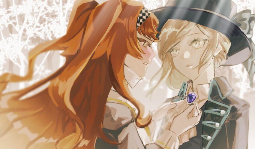 2girls, adjusting_ascot, black_headwear, blush, bow, brooch, checkered_hairband, collared_shirt