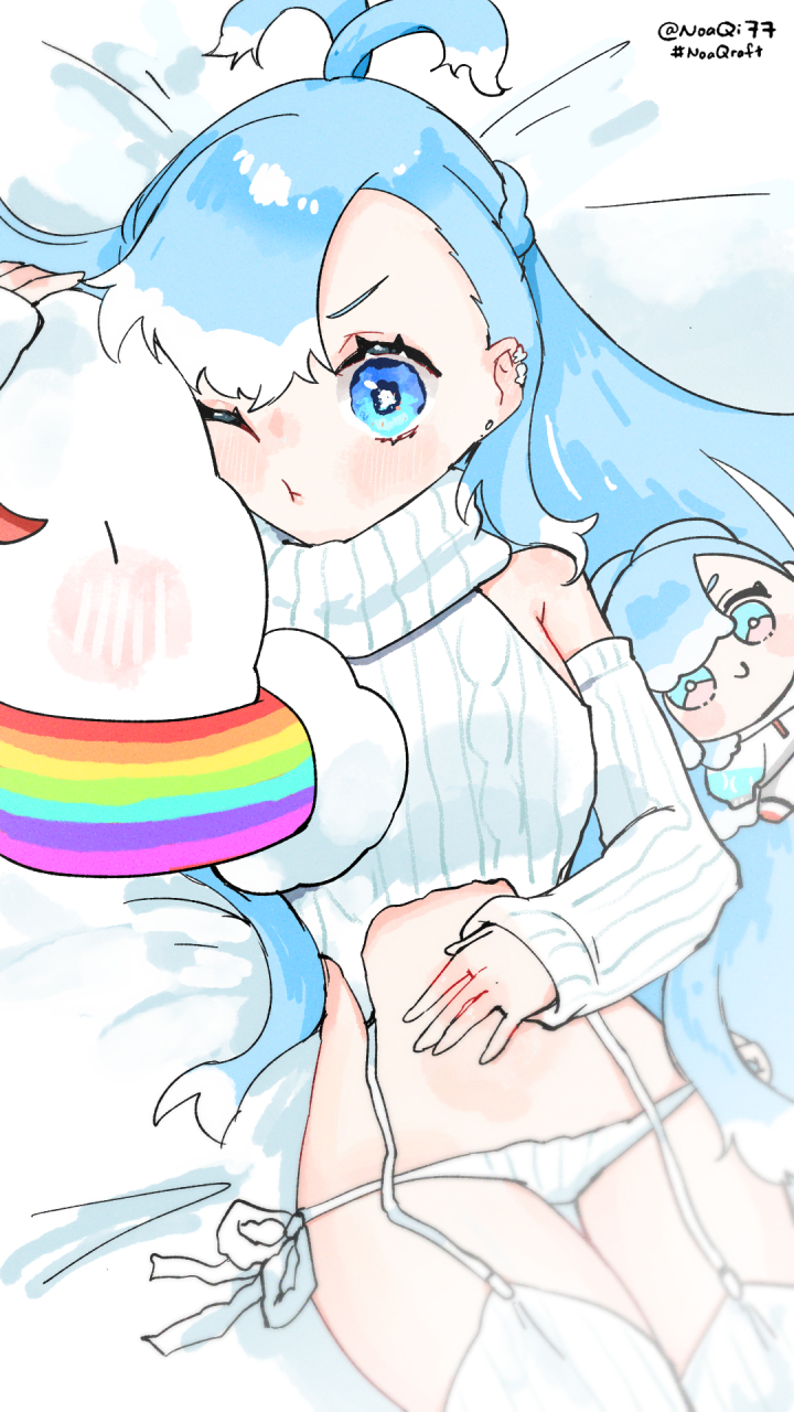 blue_eyes, blue_hair, detached_sleeves, garter_straps, highres, hololive, hololive_indonesia, kobo_kanaeru