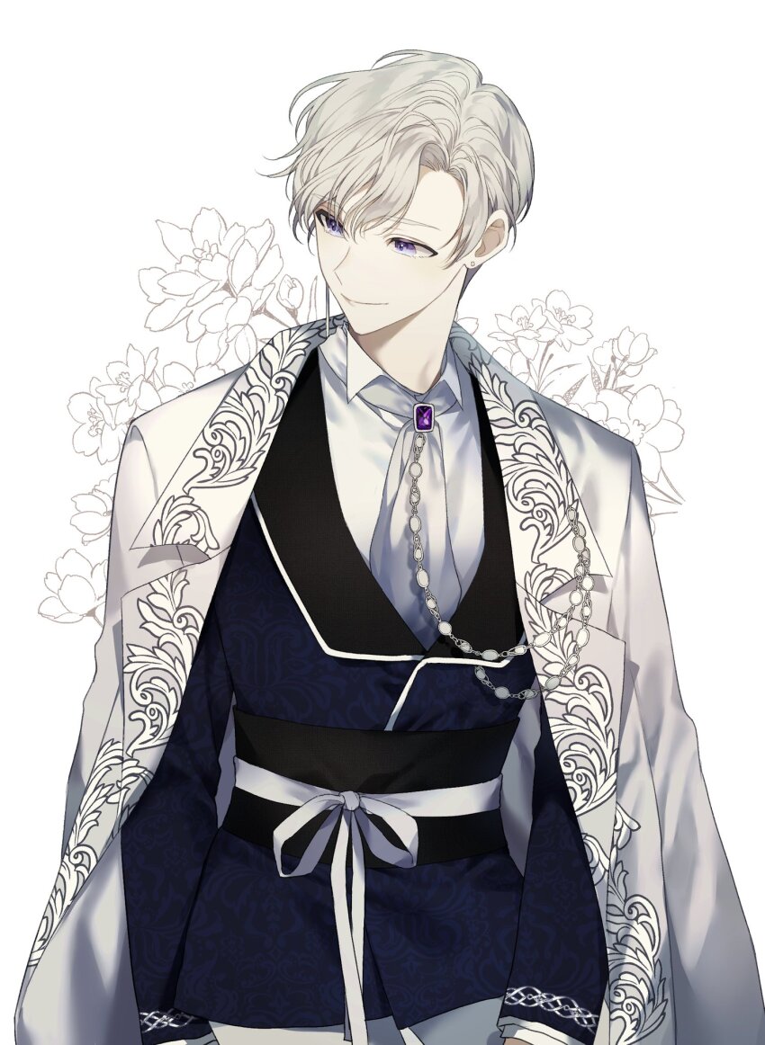 1boy, ascot, black_sash, blue_jacket, brooch, coat, coat_on_shoulders, cowboy_shot