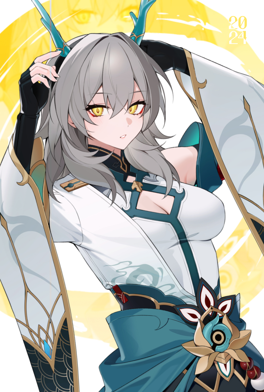 1girl, 2024, bechu, black_gloves, breasts, chinese_zodiac, cleavage, cosplay, dan_heng_(honkai:_star_rail), dan_heng_(honkai:_star_rail)_(cosplay), dan_heng_(imbibitor_lunae)_(honkai:_star_rail), eyeliner, fingerless_gloves, gloves, grey_hair, hair_between_eyes, highres, honkai_(series), horns, looking_at_viewer, makeup, medium_breasts, parted_lips, red_eyeliner, sash, solo, stelle_(honkai:_star_rail), trailblazer_(honkai:_star_rail), waist_sash, wide_sleeves, year_of_the_dragon, yellow_eyes