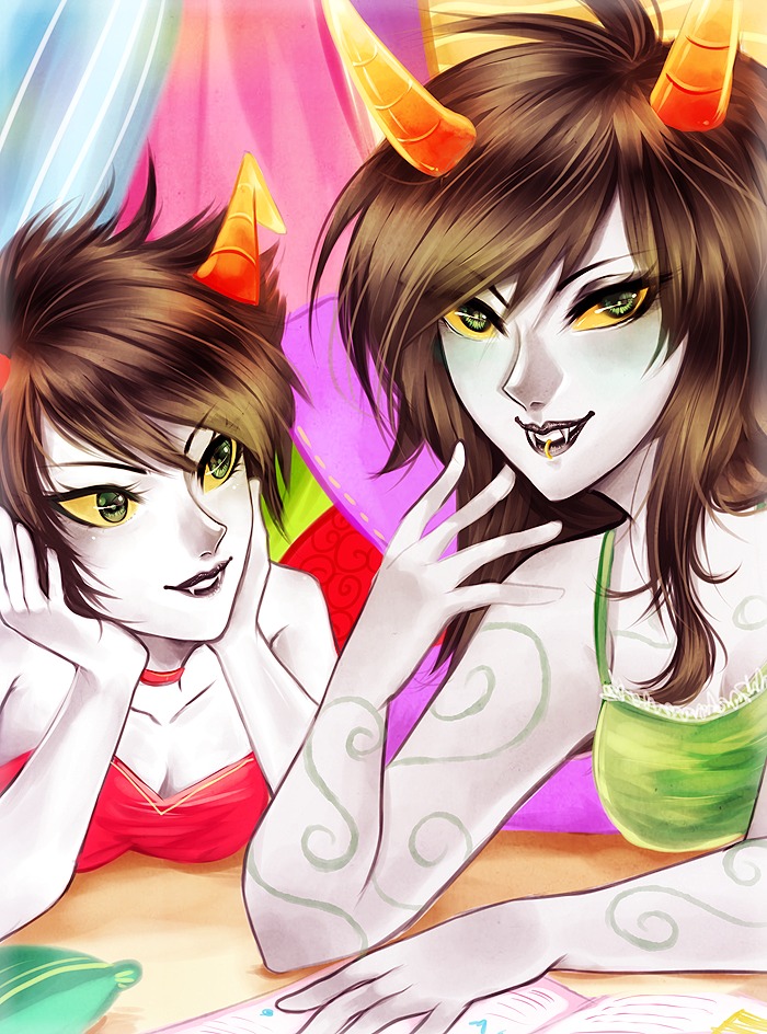 2girls, black_hair, black_lips, book, breasts, cleavage, colored_sclera, colored_skin