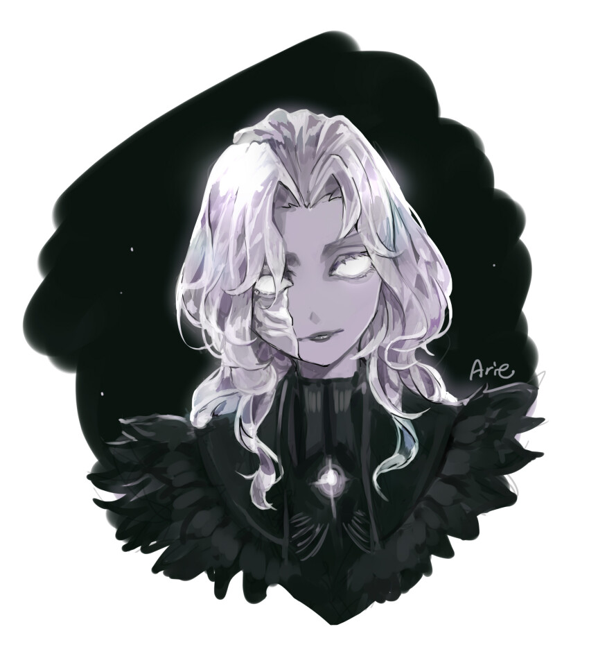 1boy, arie_game, artist_name, black_background, black_robe, blank_eyes, border, brooch