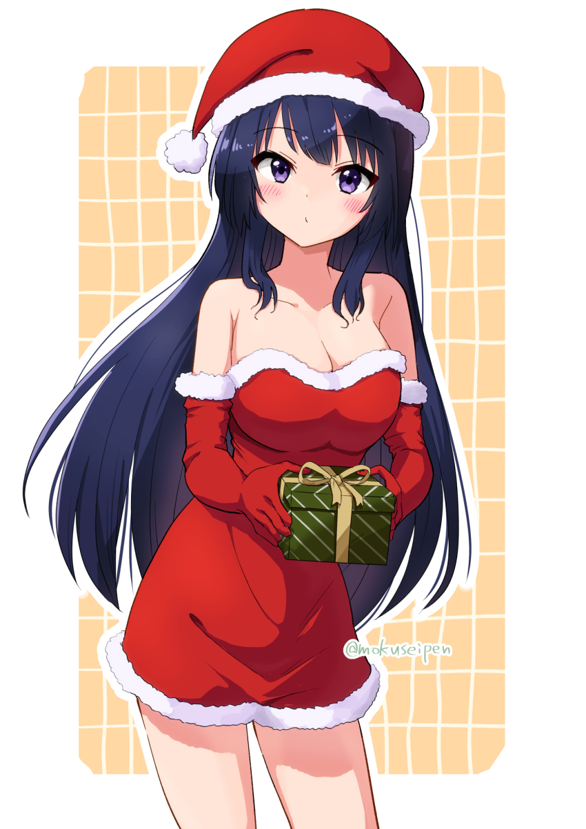 1girl, bare_shoulders, black_hair, blush, border, box, breasts, christmas, cleavage, collarbone, cowboy_shot, dress, elbow_gloves, fur_trim, gift, gloves, hat, hibike!_euphonium, highres, holding, holding_box, holding_gift, kousaka_reina, long_hair, looking_at_viewer, medium_breasts, mokuseipen, off-shoulder_dress, off_shoulder, pom_pom_(clothes), purple_eyes, red_gloves, santa_costume, santa_dress, santa_hat, solo, very_long_hair, white_border