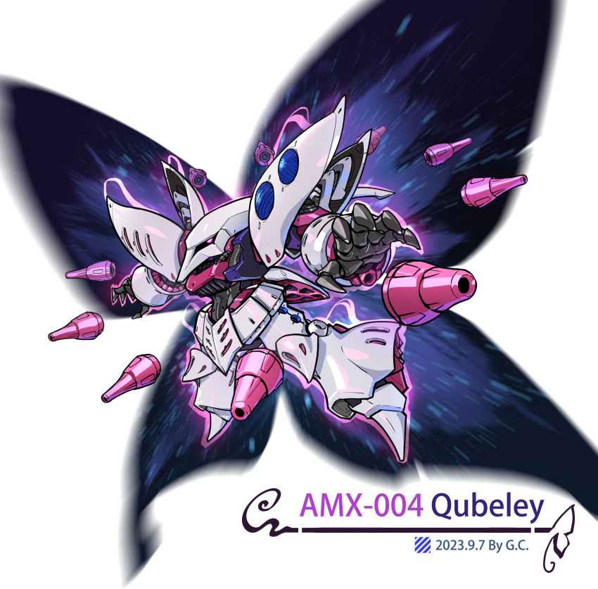absurdres, aura, butterfly_wings, character_name, chibi, commentary, dated, english_text, funnels_(gundam), gundam, gundam_zz, highres, insect_wings, kingofdraw, mecha, mobile_suit, no_humans, one-eyed, pink_eyes, qubeley, robot, sd_gundam, solo, weapon, wings, zeta_gundam