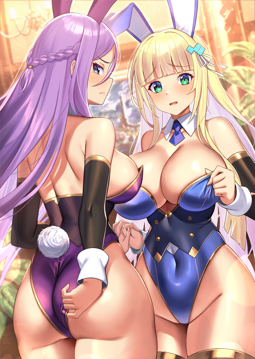 2girls, animal_ears, ass, bare_shoulders, blonde_hair, blue_eyes, blue_leotard, blue_necktie, blunt_bangs, blush, breasts, christiana_leta_roseblaire, cleavage, closed_mouth, commentary_request, covered_navel, detached_collar, detached_sleeves, fake_animal_ears, fake_tail, green_eyes, highres, indoors, large_breasts, leotard, long_hair, long_sleeves, looking_at_viewer, looking_back, marie_sera_marian, multiple_girls, necktie, official_art, ore_wa_seikan_kokka_no_akutoku_ryoushu!, playboy_bunny, purple_hair, purple_leotard, rabbit_ears, rabbit_tail, tail, takamine_nadare
