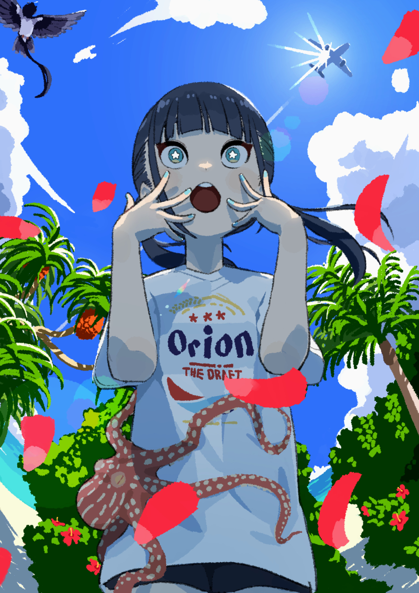 1girl, aqua_eyes, beach, blue_sky, cloud, flower, highres, low_twintails