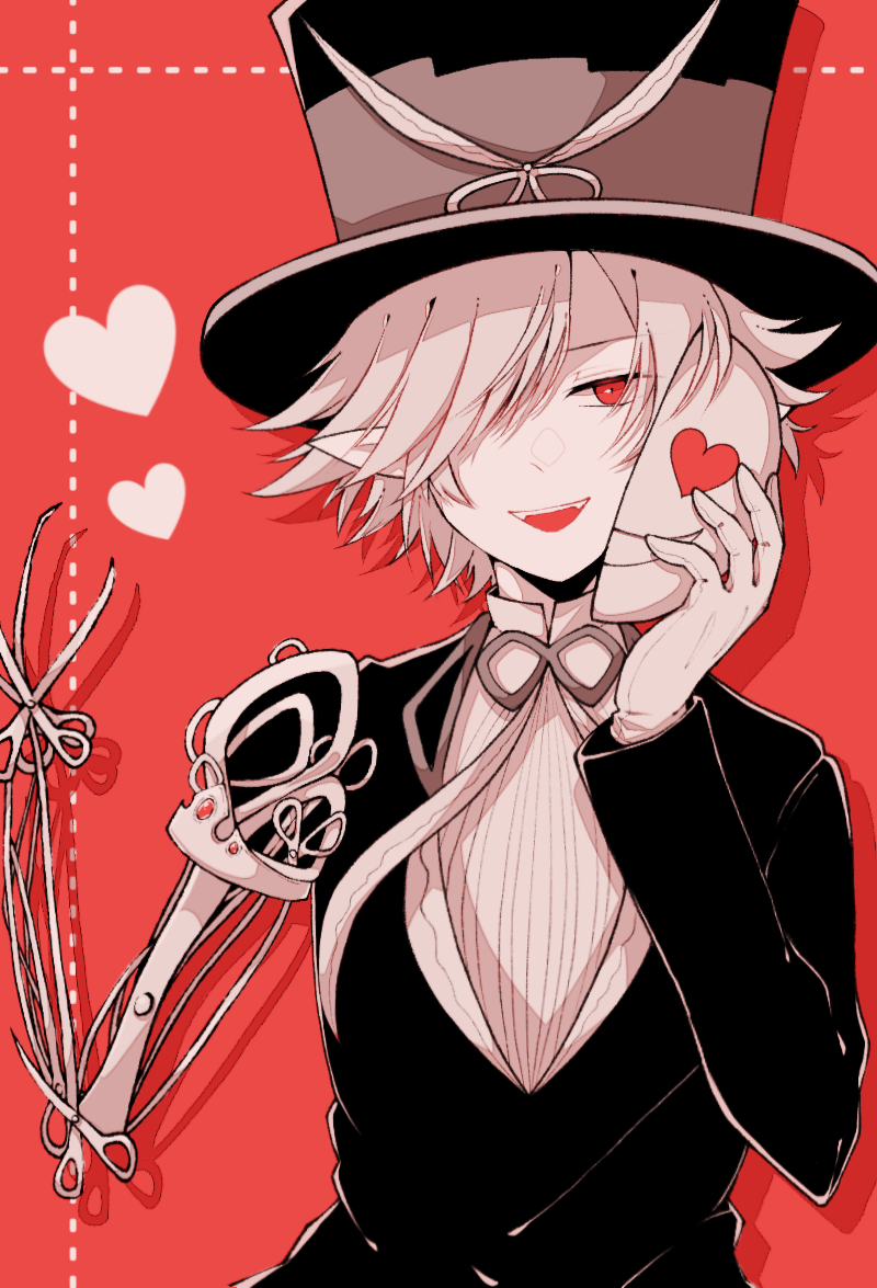 1boy, :d, cut-here_line, dhumi, dress_shirt, fangs, flipped_hair, gloves