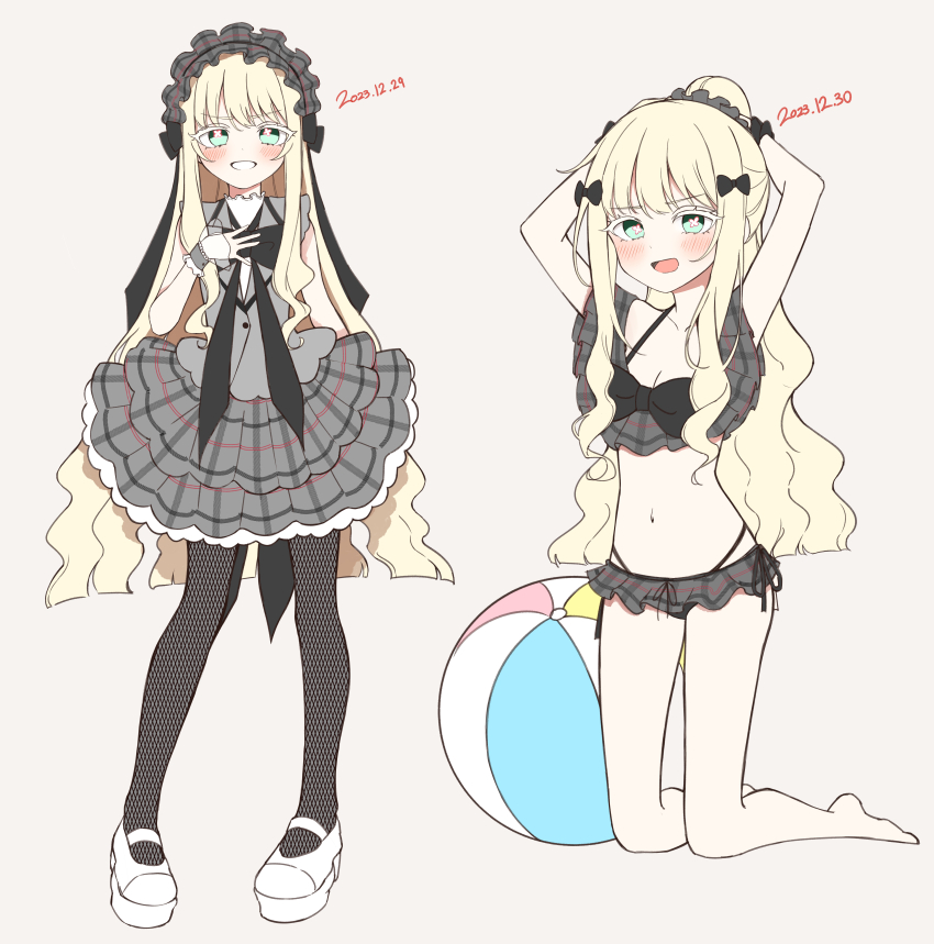 1girl, absurdres, arm_up, ball, beachball, bikini, black_bikini, black_bow