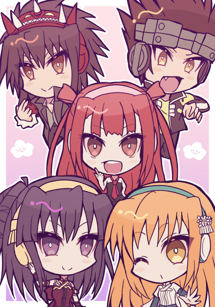 2boys, 3girls, :d, beatmania_iidx, beatmania_iidx_14_gold, beatmania_iidx_16_empress, beatmania_iidx_9th_style, bemani, black_jacket, blazer, brown_eyes, brown_hair, brown_shirt, chibi, closed_mouth, commentary_request, fang, green_hair, grey_shirt, hairband, headphones, highres, jacket, looking_at_viewer, mitsuto_(mamimu), multiple_boys, multiple_girls, necktie, one_eye_closed, open_mouth, orange_hair, pink_hairband, red_hairband, red_necktie, round_teeth, shem, shirt, short_hair, siblings, sisters, smile, spiked_hair, spiked_hairband, spikes, split_mouth, teeth, umegiri_ameto, umegiri_hifumi, umegiri_iroha, upper_body, upper_teeth_only, waving, white_shirt, yellow_hairband, yellow_shirt, yuz_(beatmania)