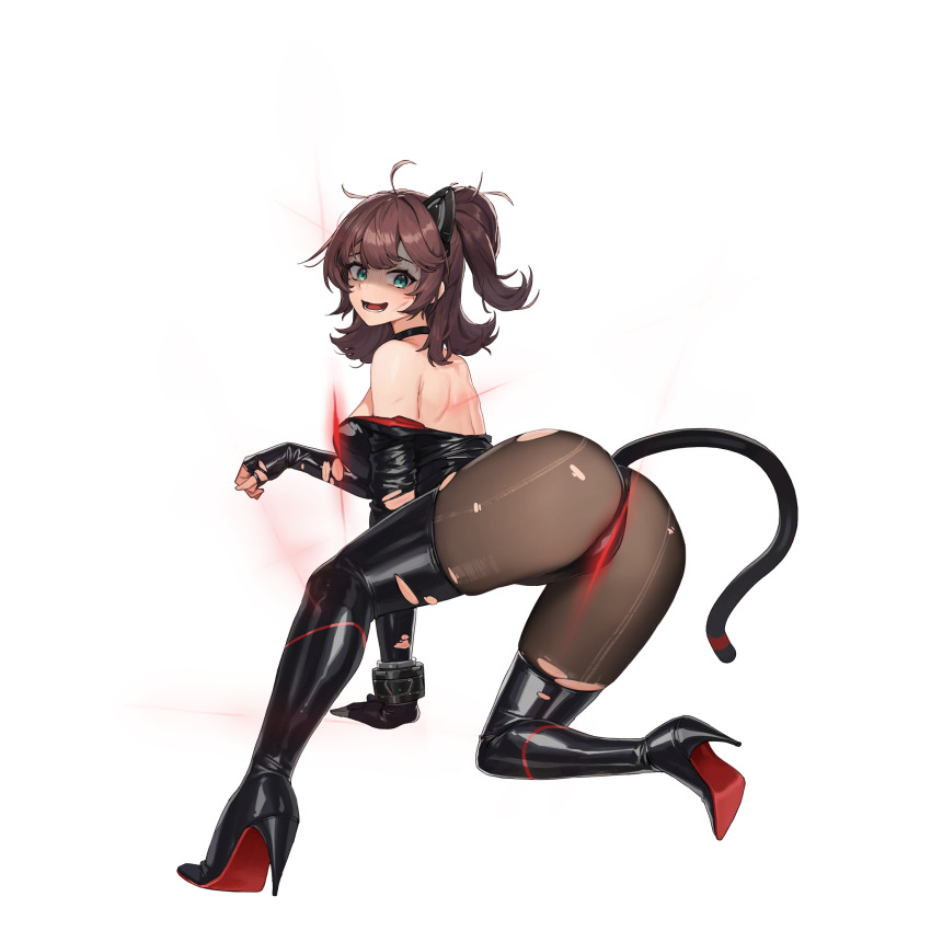 1girl, ahoge, animal_ear_headphones, animal_ears, ass, back, belt, belt_collar, black_belt, black_boots, black_collar, black_gloves, black_leotard, boots, bracelet, breasts, broken_headphones, brown_hair, brown_pantyhose, cat_ear_headphones, cat_ears, cat_tail, collar, convenient_censoring, defeat, fake_animal_ears, fake_tail, from_behind, full_body, gloves, green_eyes, hand_on_ground, headphones, high_heel_boots, high_heels, high_ponytail, highres, injury, jewelry, laser, last_origin, latex, latex_boots, latex_leotard, leotard, long_sleeves, looking_at_viewer, looking_back, lower_teeth_only, median_furrow, medium_breasts, medium_hair, messy_hair, official_alternate_costume, official_art, on_one_knee, pantyhose, ponytail, shaded_face, shoulder_blades, sidelocks, simple_background, skindentation, solo, tachi-e, tail, tearing_up, teeth, thick_thighs, thigh_boots, thighs, third-party_source, tomo_(last_origin), torn_boots, torn_clothes, torn_leotard, torn_pantyhose, transparent_background, tunamayo_(dsasd751), wavy_mouth