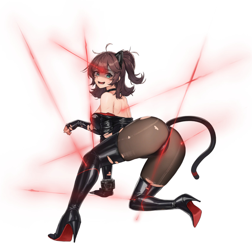1girl, ahoge, animal_ear_headphones, animal_ears, ass, back, belt, belt_collar, black_belt, black_boots, black_collar, black_gloves, black_leotard, boots, bracelet, breasts, broken_headphones, brown_hair, brown_pantyhose, cat_ear_headphones, cat_ears, cat_tail, collar, convenient_censoring, defeat, fake_animal_ears, fake_tail, from_behind, full_body, gloves, green_eyes, hand_on_ground, headphones, high_heel_boots, high_heels, high_ponytail, highres, injury, jewelry, laser, last_origin, latex, latex_boots, latex_leotard, leotard, long_sleeves, looking_at_viewer, looking_back, lower_teeth_only, median_furrow, medium_breasts, medium_hair, messy_hair, official_alternate_costume, official_art, on_one_knee, pantyhose, ponytail, shaded_face, shoulder_blades, sidelocks, simple_background, skindentation, solo, tachi-e, tail, tearing_up, teeth, thick_thighs, thigh_boots, thighs, third-party_source, tomo_(last_origin), torn_boots, torn_clothes, torn_leotard, torn_pantyhose, transparent_background, tunamayo_(dsasd751), wavy_mouth
