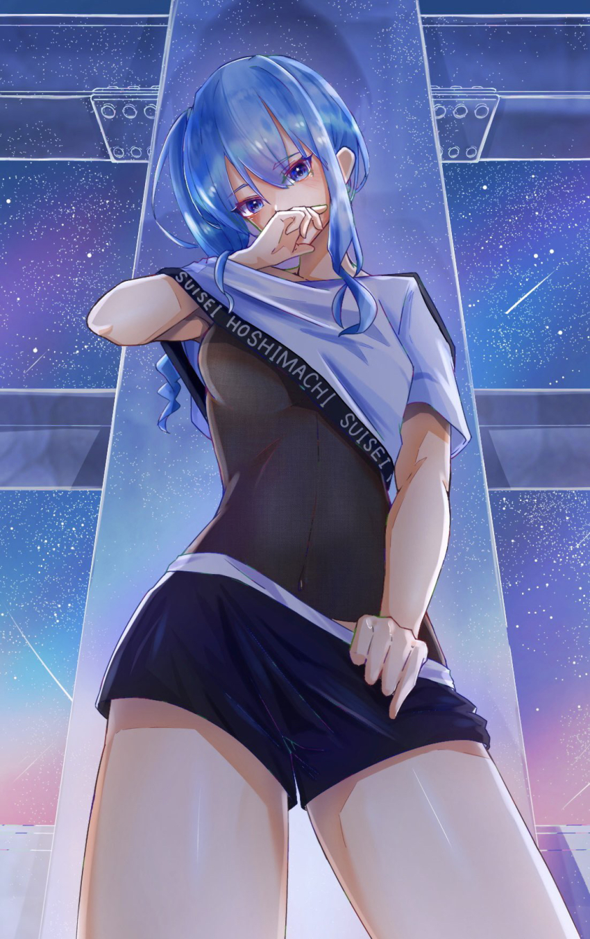 1girl, blue_eyes, blue_hair, boco_deco, breasts, covered_navel, covering_own_mouth, cowboy_shot, crop_top, hair_between_eyes, hand_up, high_side_ponytail, highres, hololive, hololive_dance_practice_uniform, hoshimachi_suisei, leotard, leotard_under_clothes, looking_at_viewer, medium_breasts, official_alternate_costume, shirt, short_shorts, short_sleeves, shorts, side_ponytail, sky, solo, star_(sky), star_(symbol), star_in_eye, starry_sky, symbol_in_eye, thighs, virtual_youtuber, white_shirt