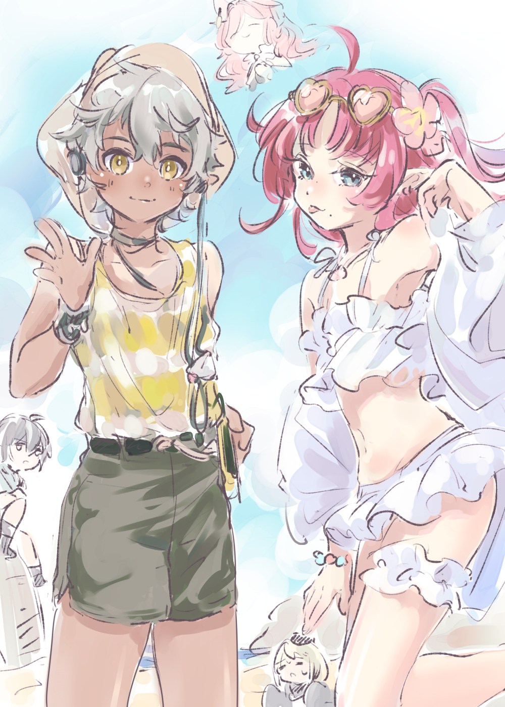 2boys, 3girls, :p, arknights, bikini, blue_eyes, brown_headwear, chestnut_(arknights)