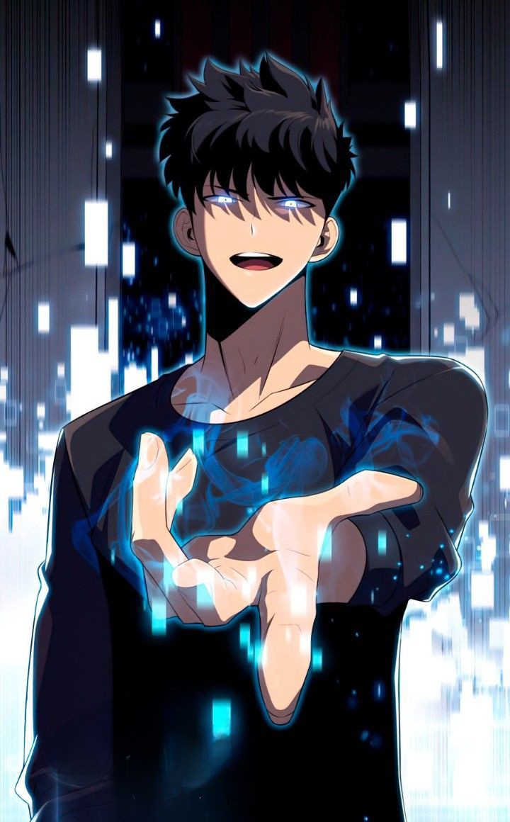1boy, arm_up, black_hair, black_shirt, blue_eyes, hand_up, kang_jinhyuk, long_hair, looking_at_viewer, open_mouth, shirt, smile, solo, solo_max-level_newbie