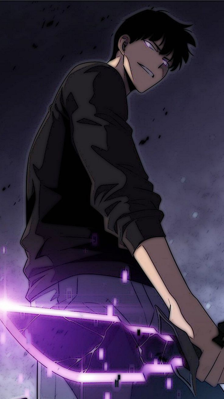 1boy, black_hair, black_shirt, grey_pants, highres, kang_jinhyuk, knife, long_hair, looking_at_viewer, pants, shirt, smile, solo, solo_max-level_newbie