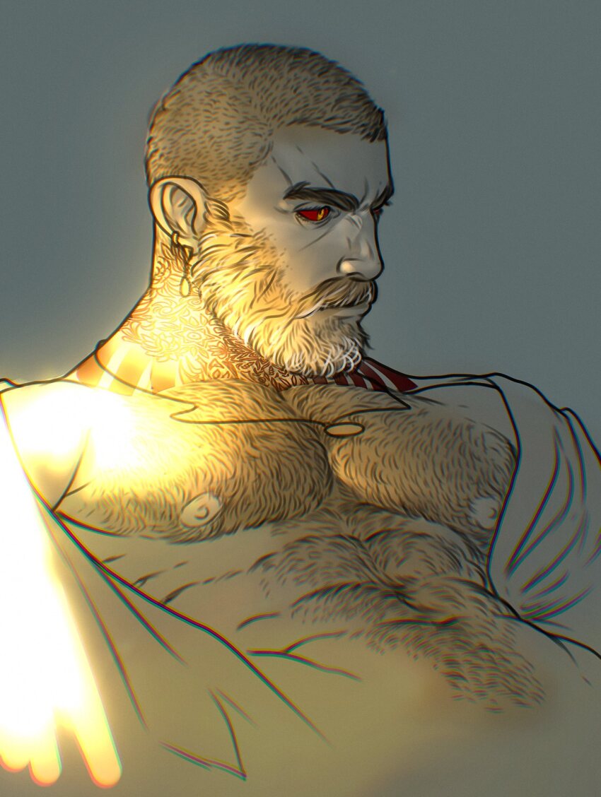 1boy, abs, bara, bare_pectorals, beard, body_markings, buzz_cut, colored_sclera