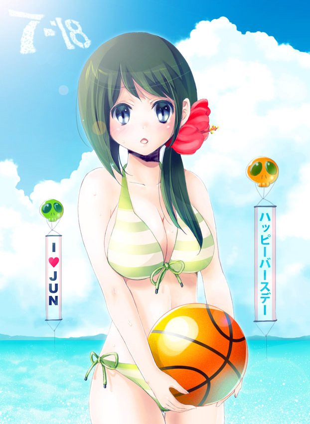 1girl, ball, basketball, basketball_(object), bikini, blue_eyes, day, female_focus