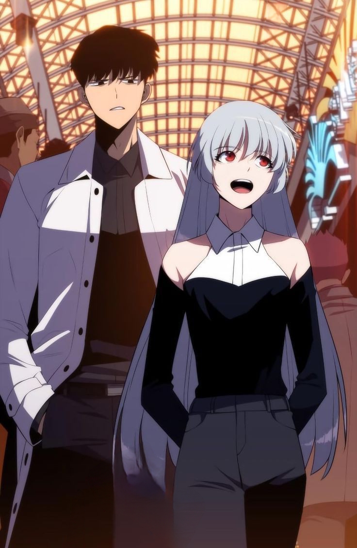 1boy, 1girl, alice_von_ataraxia, black_dress, black_eyes, black_gloves, black_pants, black_shirt