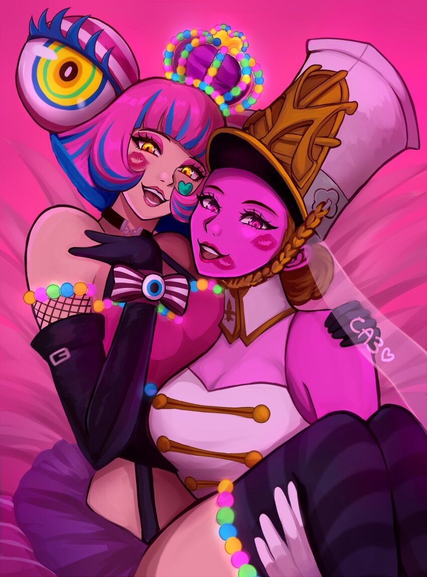 2girls, anto_marie, black_gloves, blue_hair, breasts, bridal_veil, brown_hair, choker, cleavage, crazyanime3, crown, dominatrix, elbow_gloves, gloves, hat, highres, hiiragi_alice, large_hat, majorette_hat, medium_breasts, multicolored_hair, multiple_girls, persona, persona_5, persona_5_scramble:_the_phantom_strikers, persona_5_tactica, pink_hair, purple_crown, red_lips, shadow_alice_(persona_5_scramble), streaked_hair, veil, yellow_eyes, yuri