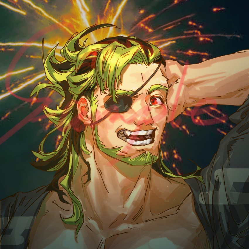 1boy, aerial_fireworks, bara, beard, eyepatch, facial_hair, fireworks, full_beard