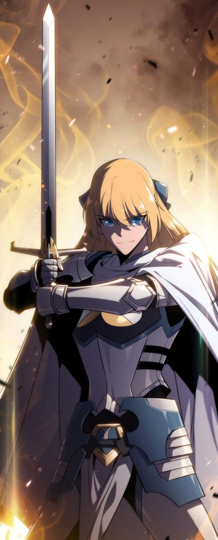 1girl, armor, aura, blonde_hair, blue_eyes, closed_mouth, hands_up, highres