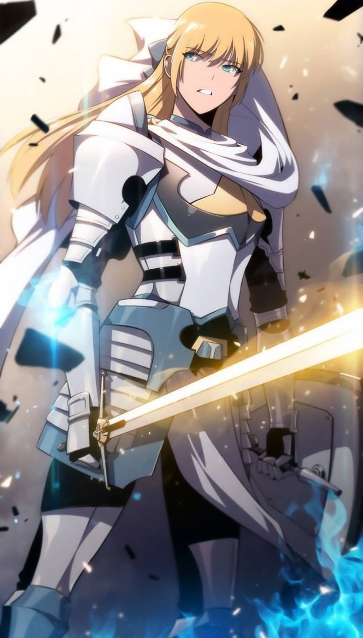 1girl, blonde_hair, blue_eyes, disgust, highres, long_hair, looking_to_the_side, open_mouth, solo_max-level_newbie, sword, teresa_du_laurentia, very_long_hair, weapon