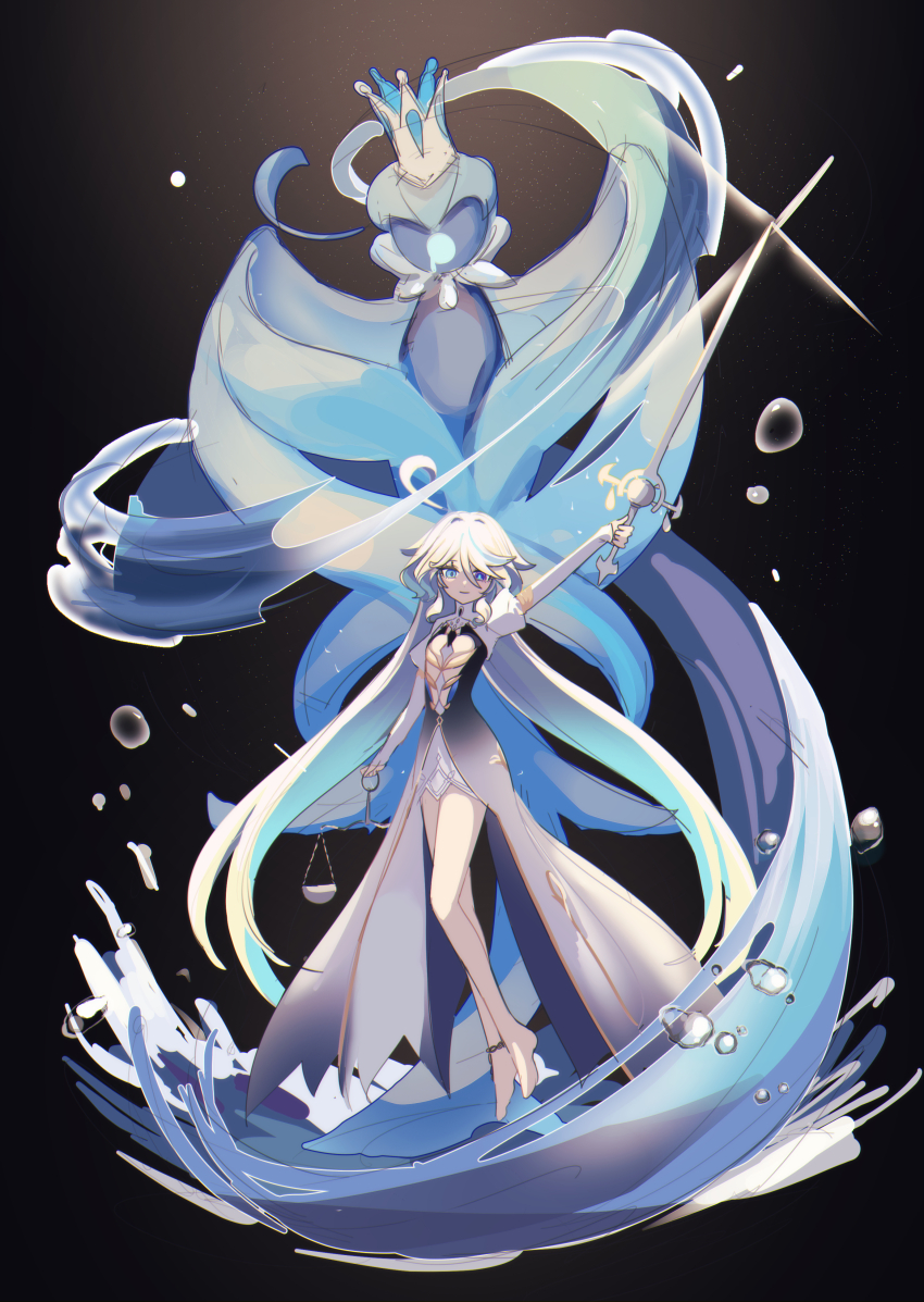 1girl, absurdres, ahoge, arm_up, bare_legs, barefoot, commentary, dress