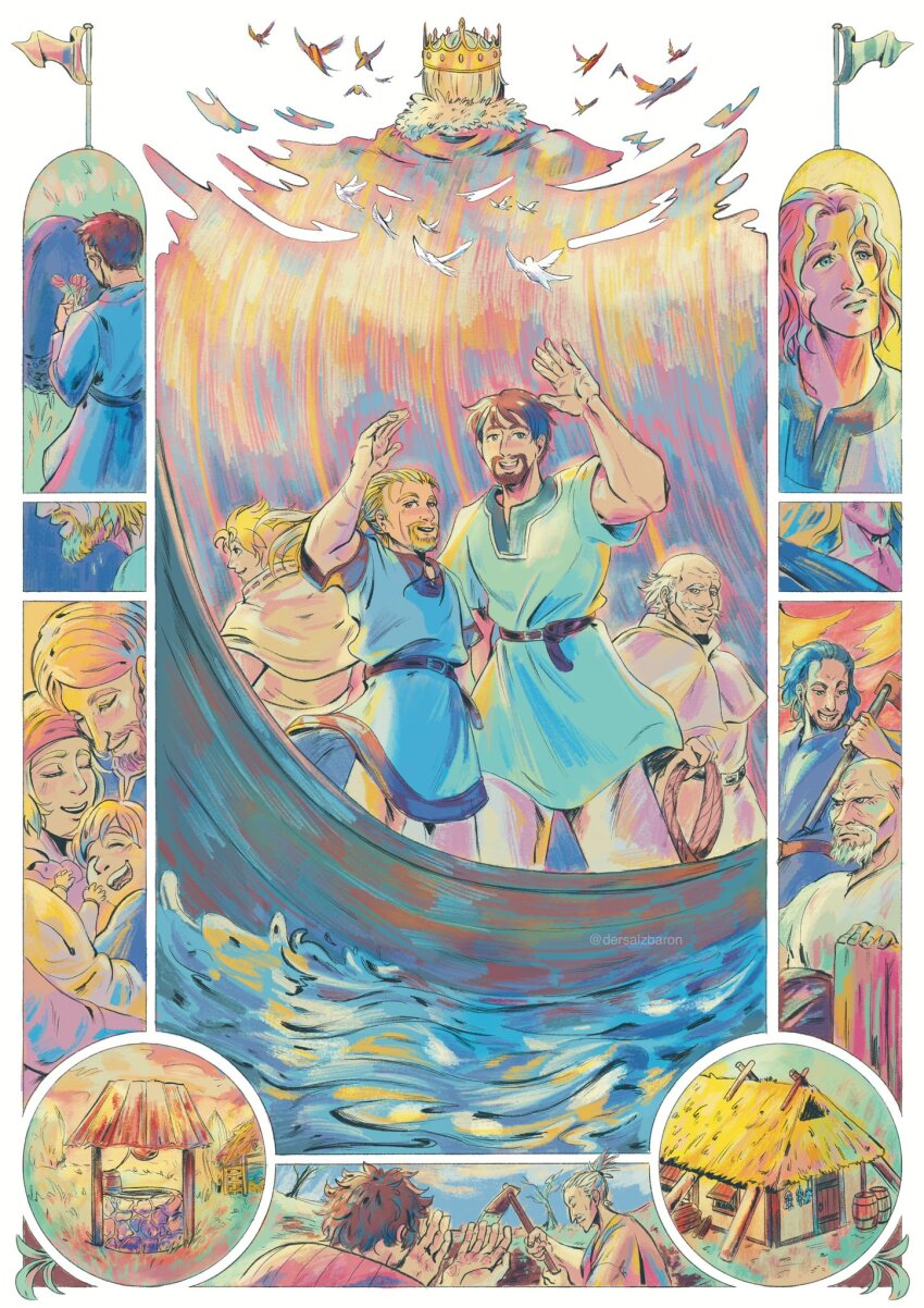 1girl, 6+boys, arnheid, bald, beard, bird, blonde_hair, blue_eyes