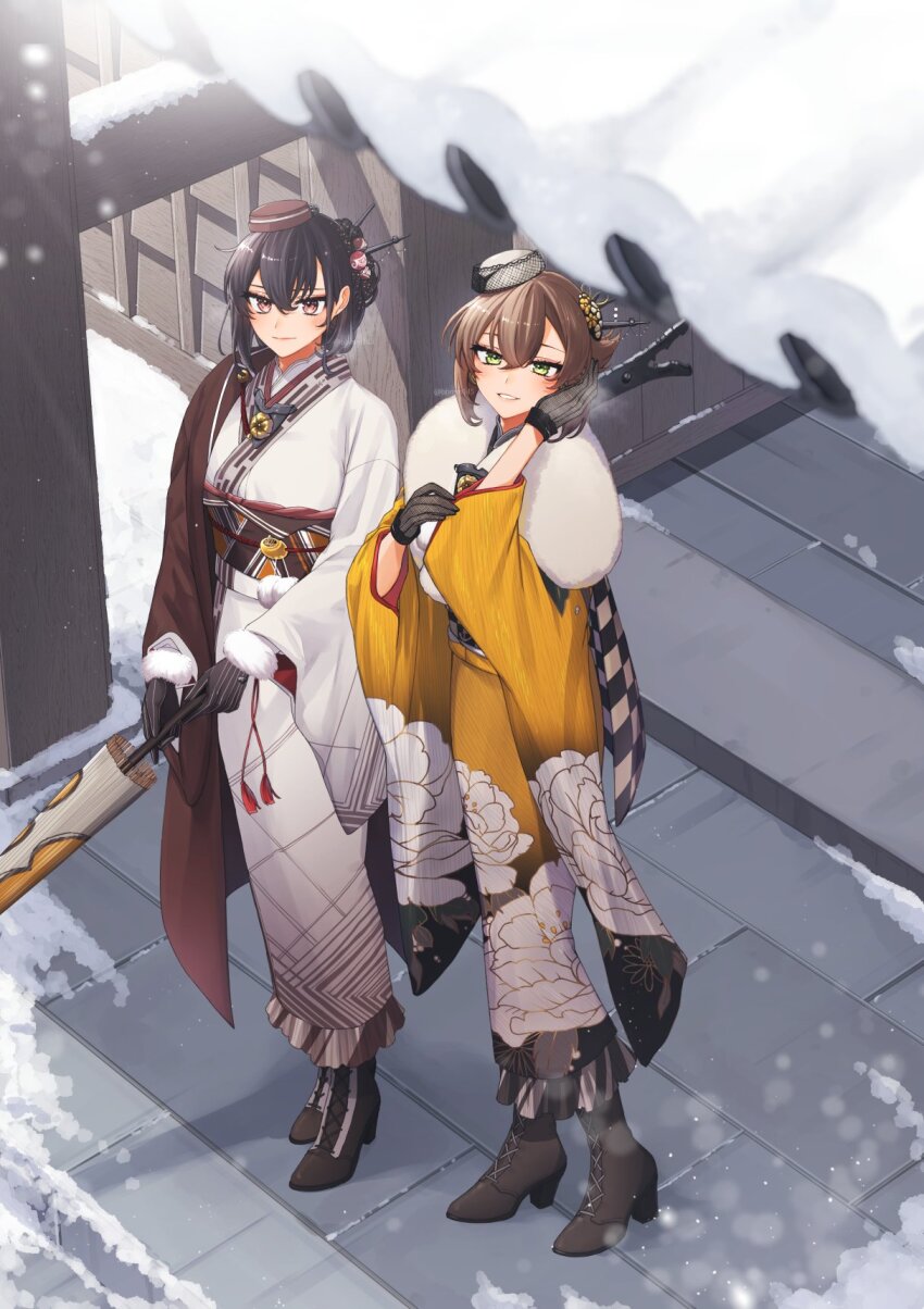 black_hair, blush, boots, brown_eyes, brown_hair, closed_mouth, closed_umbrella, floral_print