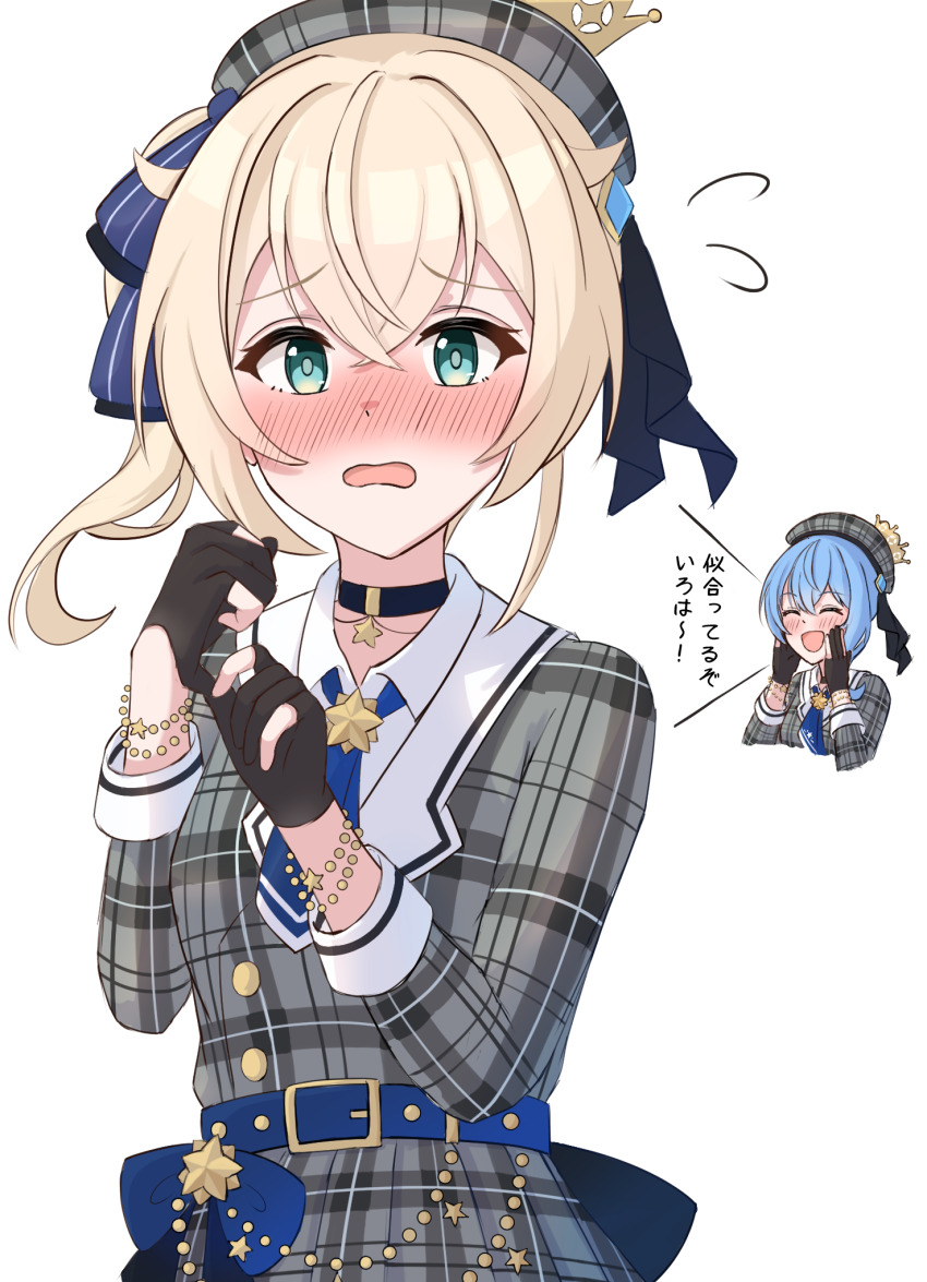 2girls, akagawashake, belt, beret, black_choker, black_gloves, blonde_hair, blue_belt