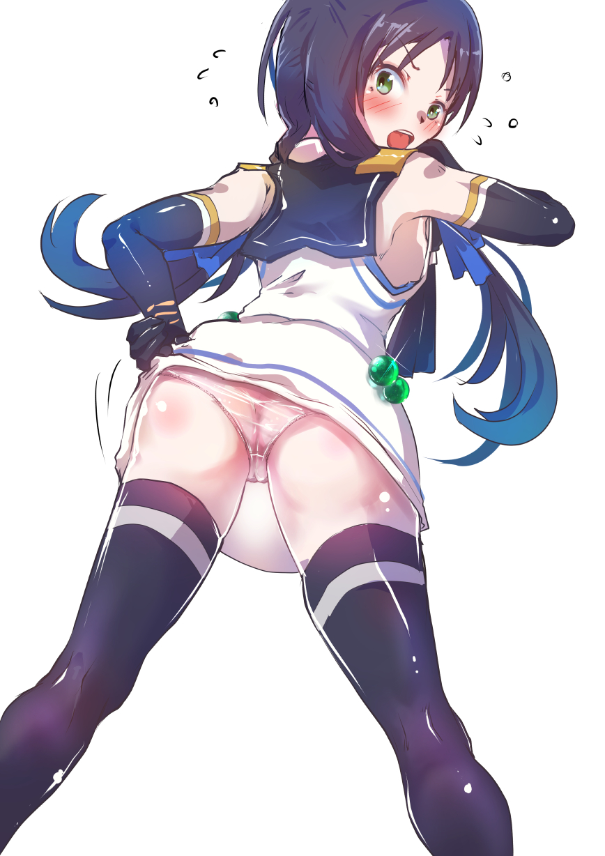1girl, ass, axley, black_gloves, black_neckerchief, black_sailor_collar, black_thighhighs, blue_hair