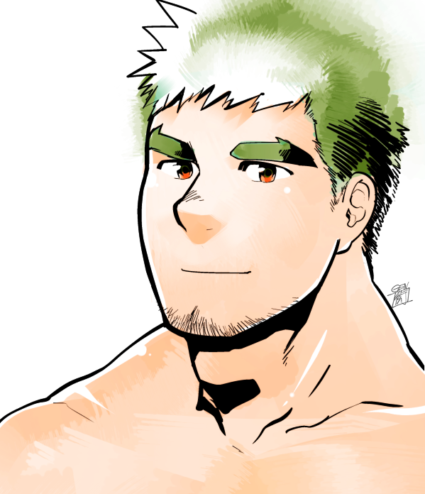 1boy, bara, broad_shoulders, facial_hair, goatee_stubble, green_hair, higemorigen, huge_eyebrows