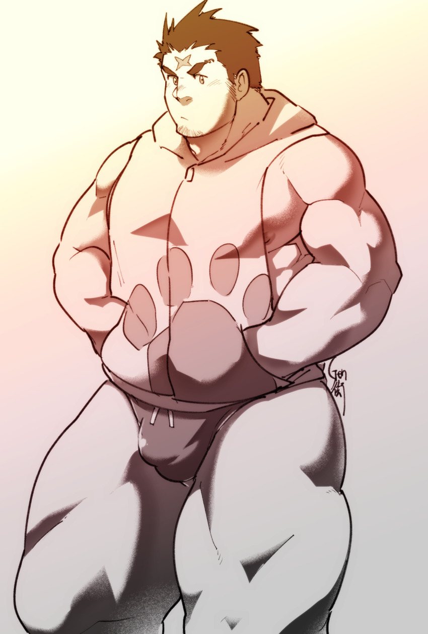 1boy, :/, bara, blush, bulge, chest_hair, cross_scar, facial_hair