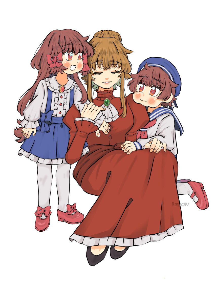 1boy, 2girls, aged_up, brother_and_sister, brown_hair, closed_eyes, dress, elise_liedl, goldia_die_heilige, hair_bun, hair_ribbon, hat, henri_die_heilige, highres, long_hair, long_sleeves, mother_and_child, mother_and_daughter, mother_and_son, multiple_girls, parent_and_child, pinafore_dress, pocket_mirror, puffy_long_sleeves, puffy_sleeves, ribbon, romachu, sailor_hat, short_hair, siblings, sleeveless, sleeveless_dress, thighhighs, twins, white_thighhighs