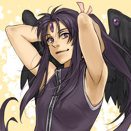 1990s_(style), 1boy, access_time, angel, arms_up, black_wings, kamikaze_kaitou_jeanne, kanimaru, long_hair, male_focus, ponytail, purple_eyes, purple_hair, sleeveless, smile, solo, upper_body, wings, zipper