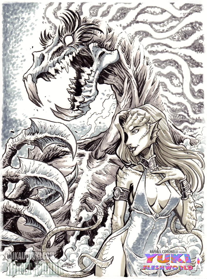 1girl, absurdres, admiral_yamanra, alien, armband, breasts, claws, cleavage, creature, daikaiju_yuki, daikaiju_yuki_(series), dress, fangs, halter_dress, halterneck, hand_on_own_chest, highres, kaiju, large_breasts, long_hair, matt_frank, monster, monster_girl, official_art, pelvic_curtain, plunging_neckline, pointy_ears, revealing_clothes, sideboob, taut_clothes, taut_dress, tentacle_girl, tentacles, yuki_vs._fleshworld