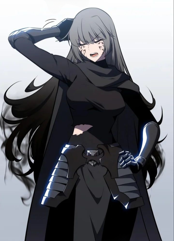 1girl, arm_up, armor, black_shirt, black_skirt, closed_eyes, clothes_lift, grey_hair, long_hair, mark_of_evil, open_mouth, shirt, shirt_lift, simple_background, skirt, solo, solo_max-level_newbie, teresa_du_laurentia, teresa_du_laurentia_(alter), very_long_hair, white_background