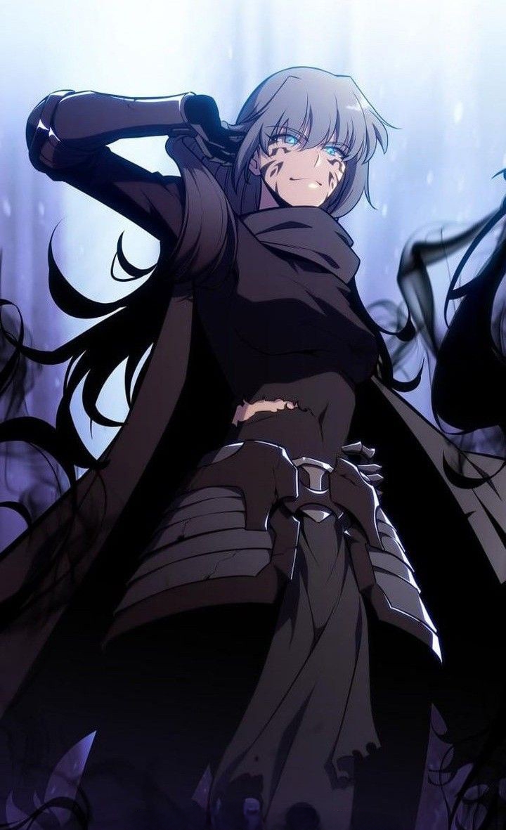 1girl, arm_up, armor, black_pants, black_shirt, blue_eyes, closed_mouth, grey_hair, long_hair, mark_of_evil, pants, shirt, smile, solo, solo_max-level_newbie, teresa_du_laurentia, teresa_du_laurentia_(alter), very_long_hair